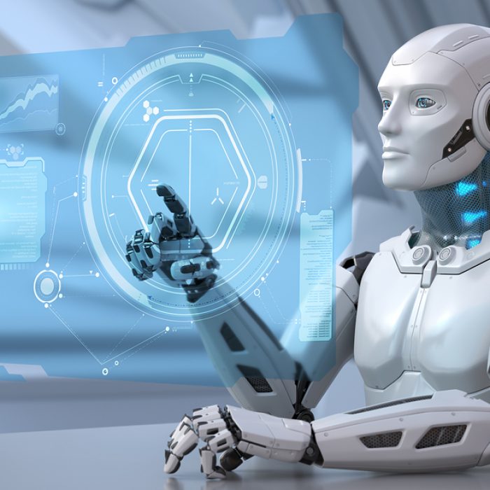 Robot is working with futuristic touchscreen. 3D illustration